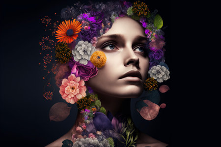 Abstract art collage of young woman with flowers. close upの素材