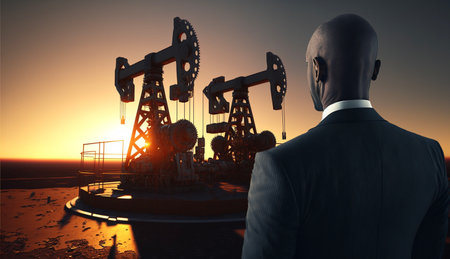 Businessman looking at oil pumps in the desert. 3d renderingの素材