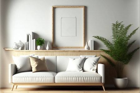 Mock up frame in home interior background, beige room with natural wooden furniture, Scandinavian style, front viewの素材