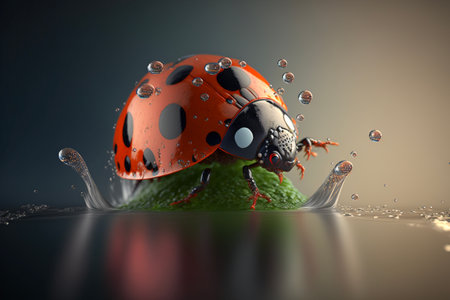 Ladybug crawling over water drop, selective focus.の素材