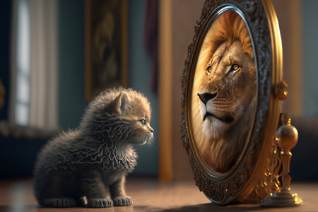 kitten looking at round mirror on table, male lion inside mirror, close upの素材