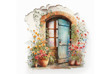 cozy door with flowers on white background, watercolorの素材