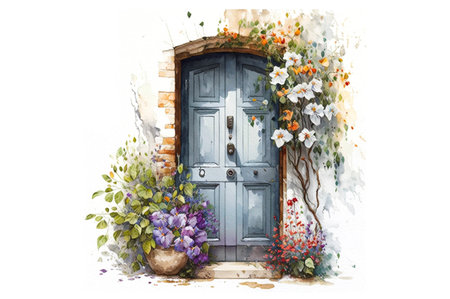 cozy door with flowers on white background, watercolorの素材
