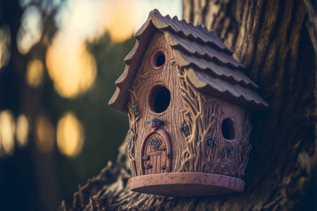 wooden birdhouse on tree trunk, close upの素材