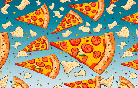 flying pizza slices background, close upの素材