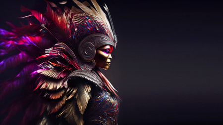 professional dancers female in colorful sumptuous carnival feather suits. facemask and carnival costume standing. Brazilian Carnival.の素材