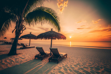 tropical sunset scenery, two sun beds, loungers, umbrella under palm tree. front viewの素材