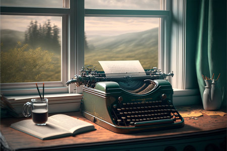 typewriter and books by the window, front viewの素材