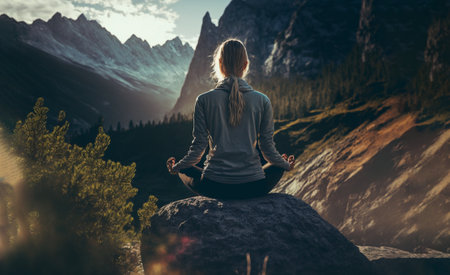 woman lifestyle balanced practicing meditate and zen energy yoga, front viewの素材