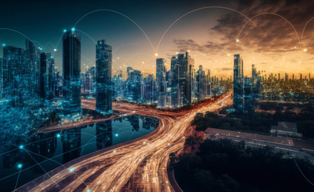 technological cityscape background. Communication concept. front viewの素材