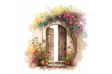 cozy door with flowers on white background, watercolorの素材