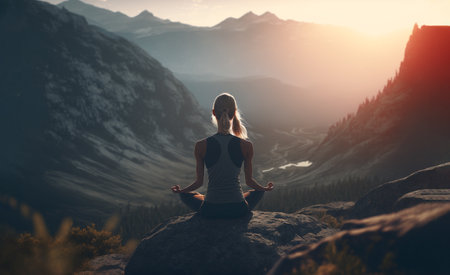 woman lifestyle balanced practicing meditate and zen energy yoga, front viewの素材