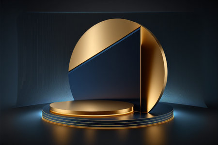 flat design a lot of space 3d dark-blue and gold rich background products display podium scene with blue leaf platform. background vector 3d geometry glass mirror render with podium.の素材