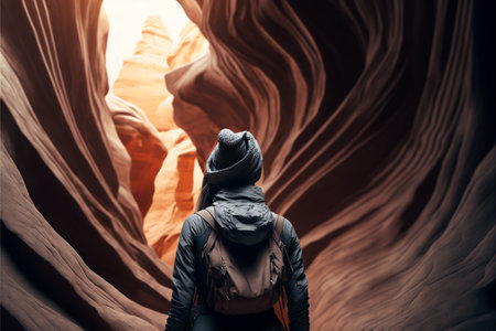 Female Tourist Hiker and Sandstone Antelope Canyon, back viewの素材