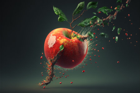 red apple falling from branch, close upの素材