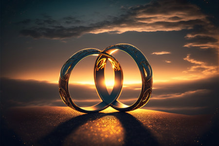 A pair of gold wedding rings floating in the sky. sunset, front viewの素材