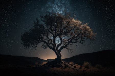 night starry sky between dark tree silhouette. front viewの素材