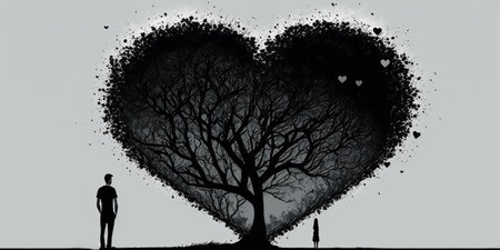 overs standing under heart shaped treeの素材