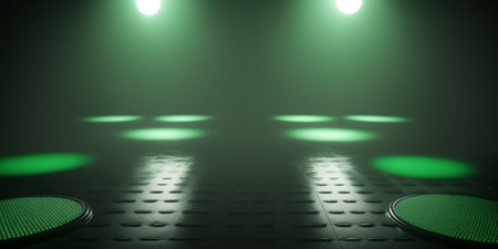 green spotlights shine on stage floor in empty dark room, idea for backgroundの素材