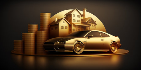 golden coin house and car with graph, idea for investment themeの素材