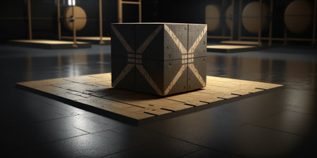 cube shaped wooden platform in front of black floor in crossfit gymの素材