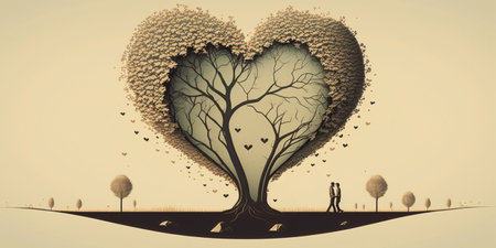 overs standing under heart shaped treeの素材