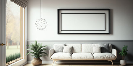 onebig mock-up wall decor frame is hanging in minimal style, empty frame in living roomの素材
