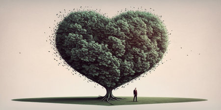 overs standing under heart shaped treeの素材