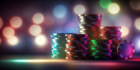 casino tokens or casino chips stack on table with glitter glow light blur backgroundの素材