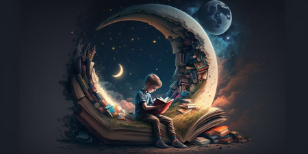 a boy lean on crescent moon while reading bookの素材