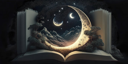 crescent moon while reading book ,fantasy dreamy fairytale illustration conceptの素材