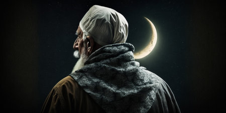 muslim old man praying on a starry and crescent moon moon nightの素材