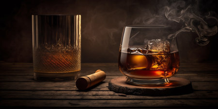 a glass of whiskey with ice on a wooden table, a steaming cuban cigar and a bottle of whiskey in a smoky atmosphere of a night barの素材