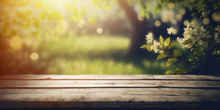 Wooden Table In garden With Bokeh Lights And Flare.の素材