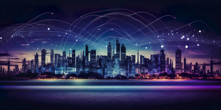 Smart city and Wireless communication network concept. abstract line connection on night city backgroundの素材