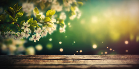 Spring Time - Cherry blossoms On Wooden Table In Green Garden With Bokeh Lights And Flare Effect. copy spaceの素材