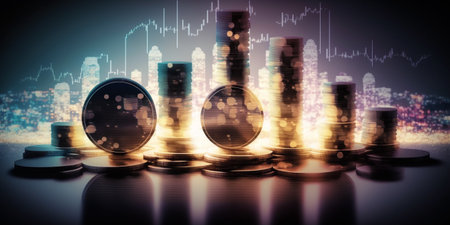 Financial investment concept, Double exposure of city night and stack of coins for finance investor, Forex trading candlestick chart, Cryptocurrency Digital economyの素材