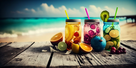 Exotic drinks on Wooden Table In tropical beachの素材