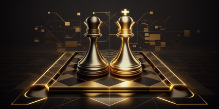 Concept of Strategy business ideas for Innovation planing and planing idea chess competition,futuristic graphic icon and gold chess board game black color tone with financial stock line backgroundの素材