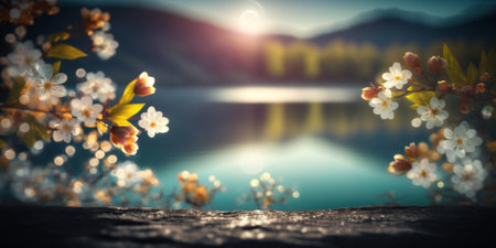 Spring Time - blossoms On Wooden Table In lake on mountain With Bokeh Lights And Flare Effect. no blur. copy space.の素材