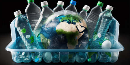 plastic bottles in recycling bins for earth day campaignの素材