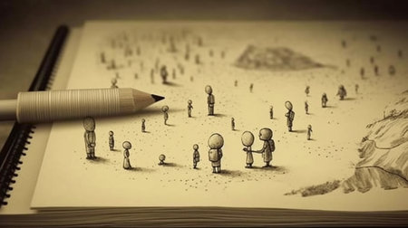 Drawing a group of small people on an open book with pencilの素材