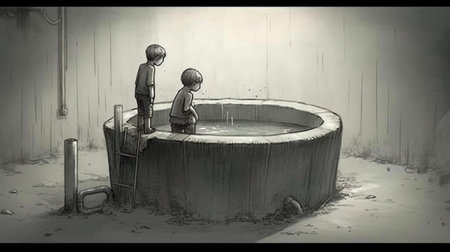 Two children playing with a fountain in a dirty room. Conceptual imageの素材