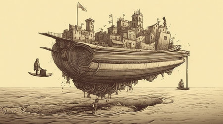 Fantasy landscape with old ship. Vector illustration. Vintage style.の素材