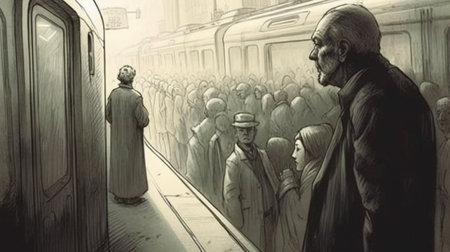 Sketch of a man and a group of people in the subwayの素材