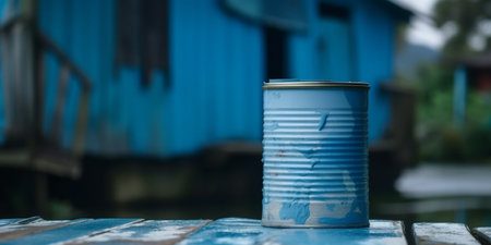 A can of blue paint standing in front of a blue colored home background. house painting conceptの素材