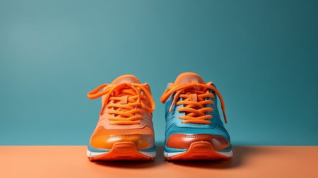 A front view of blue and orange trainers, sneakers Isolated on a flat backgroundの素材