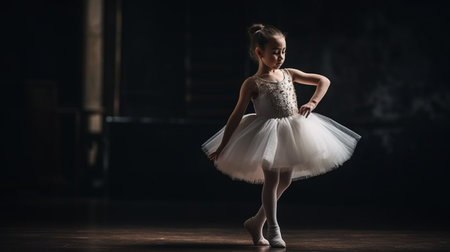 A little girl ballerina is dancing on stage in a white tutu on pointe shoes a classic variation.の素材