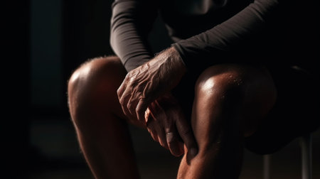 A man having knee pain, focus in the knee area, show as if he is having savior pain, Hands and leg needの素材