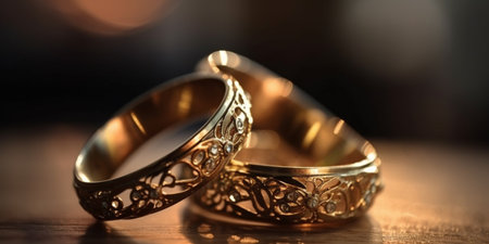 A pair of gold wedding rings on blurred backgroundの素材